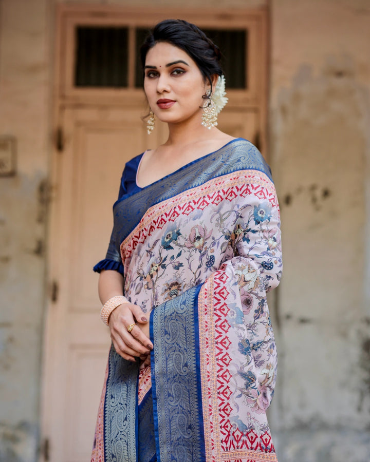 Ivory Tussar Silk Saree with Floral Print, Royal Blue Zari Border, Printed Pallu & Tassels