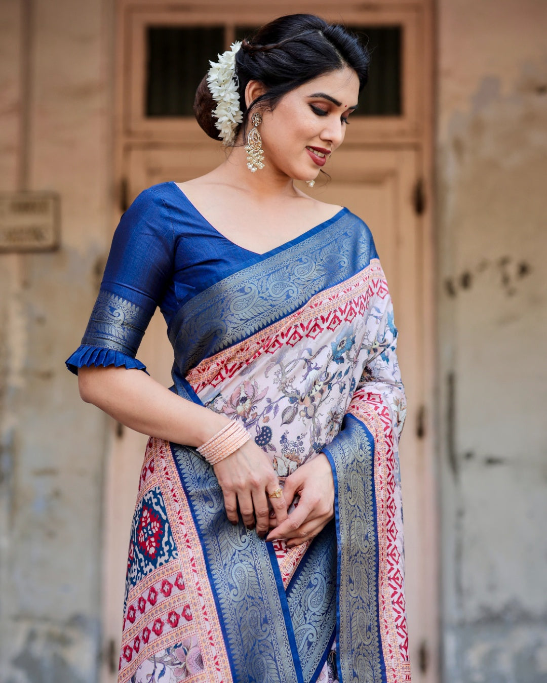Ivory Tussar Silk Saree with Floral Print, Royal Blue Zari Border, Printed Pallu & Tassels
