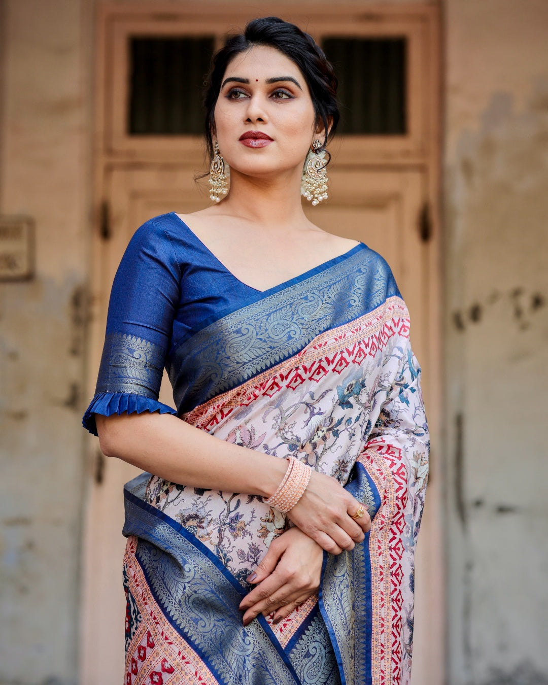 Ivory Tussar Silk Saree with Floral Print, Royal Blue Zari Border, Printed Pallu & Tassels