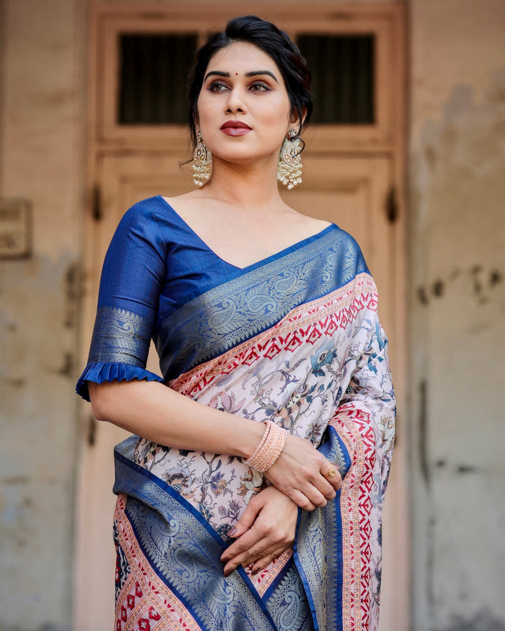 Ivory Tussar Silk Saree with Floral Print, Royal Blue Zari Border, Printed Pallu & Tassels