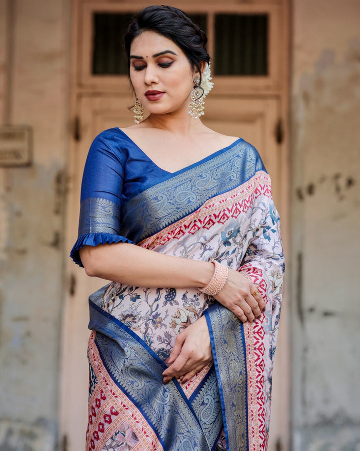 Ivory Tussar Silk Saree with Floral Print, Royal Blue Zari Border, Printed Pallu & Tassels