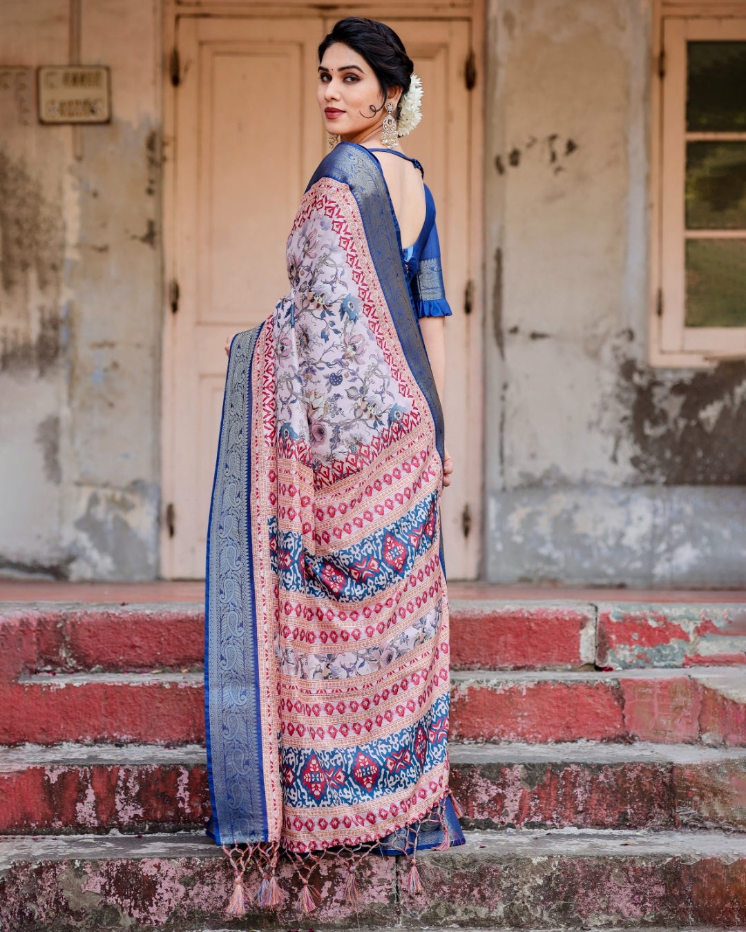 Ivory Tussar Silk Saree with Floral Print, Royal Blue Zari Border, Printed Pallu & Tassels
