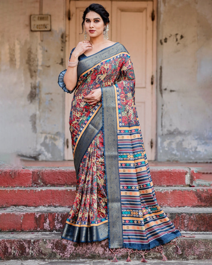 Multicolor Tussar Silk Saree with Kalamkari Print, Navy Blue Zari Border, Printed Pallu & Tassels