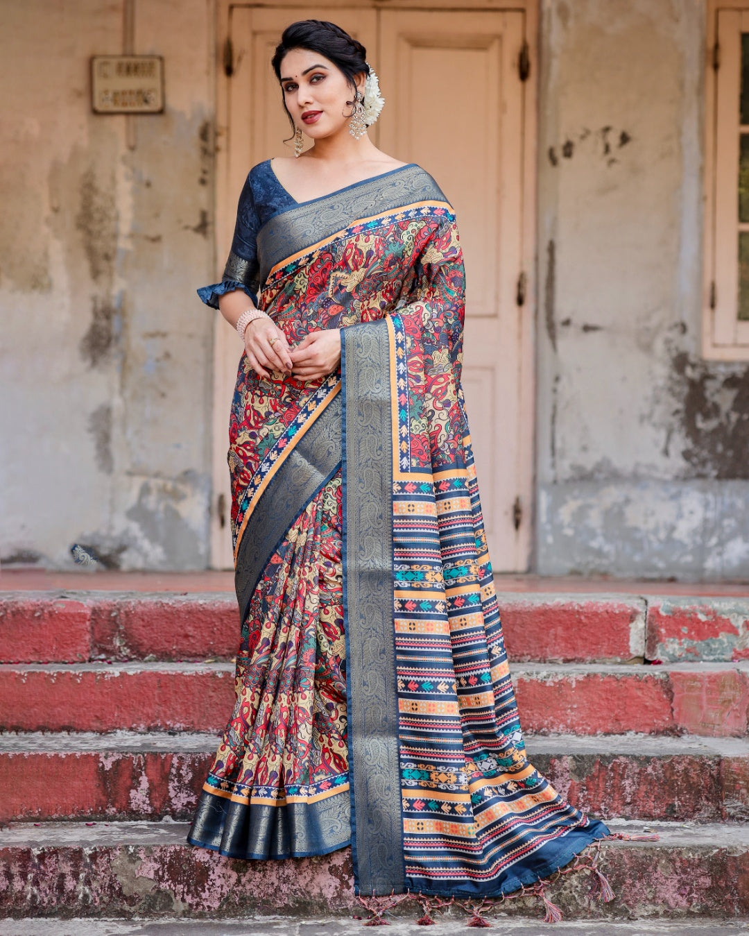 Multicolor Tussar Silk Saree with Kalamkari Print, Navy Blue Zari Border, Printed Pallu & Tassels