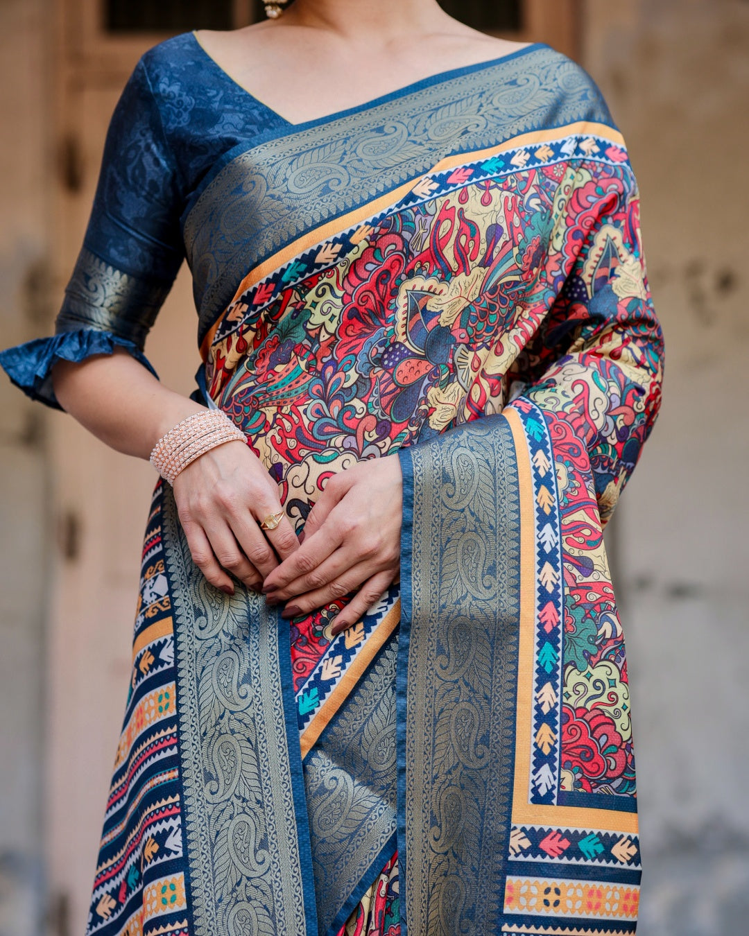 Multicolor Tussar Silk Saree with Kalamkari Print, Navy Blue Zari Border, Printed Pallu & Tassels