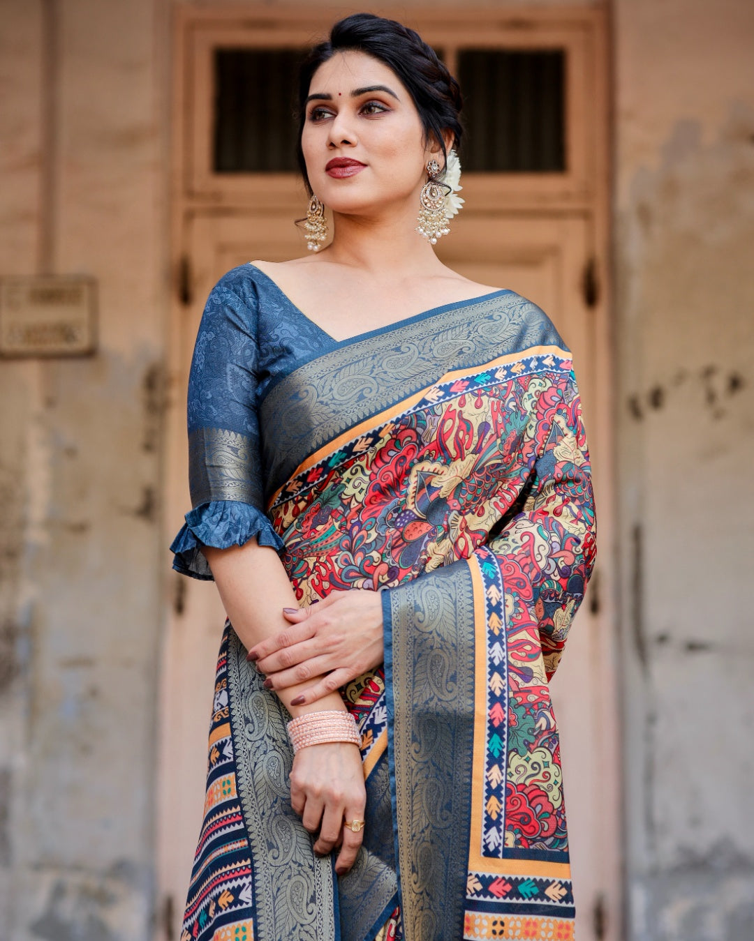 Multicolor Tussar Silk Saree with Kalamkari Print, Navy Blue Zari Border, Printed Pallu & Tassels