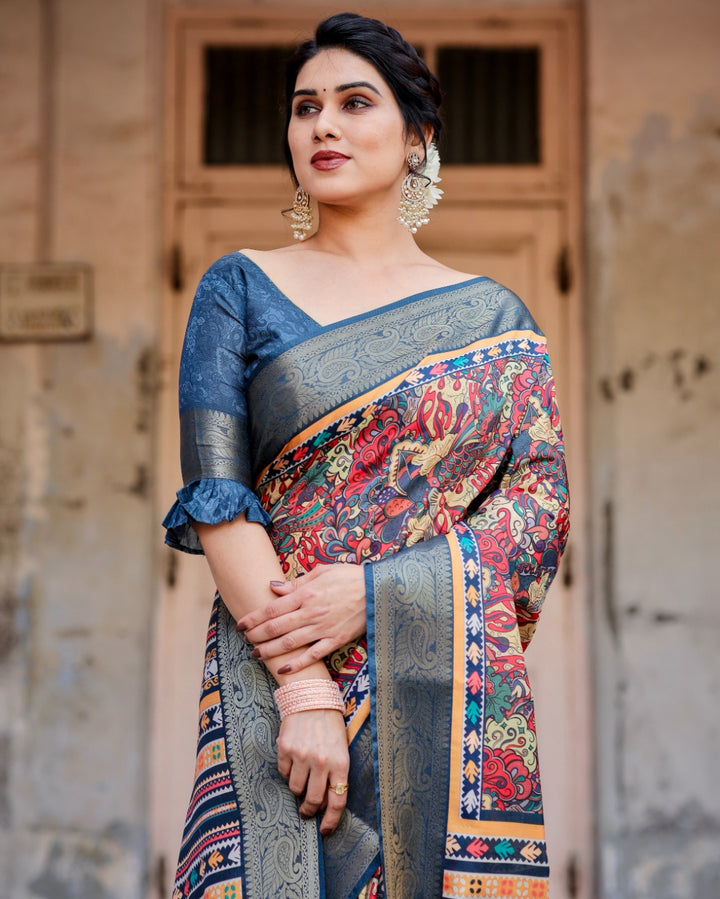 Multicolor Tussar Silk Saree with Kalamkari Print, Navy Blue Zari Border, Printed Pallu & Tassels