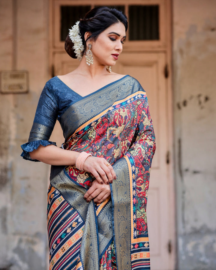 Multicolor Tussar Silk Saree with Kalamkari Print, Navy Blue Zari Border, Printed Pallu & Tassels