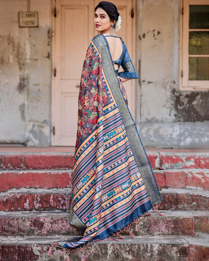 Multicolor Tussar Silk Saree with Kalamkari Print, Navy Blue Zari Border, Printed Pallu & Tassels