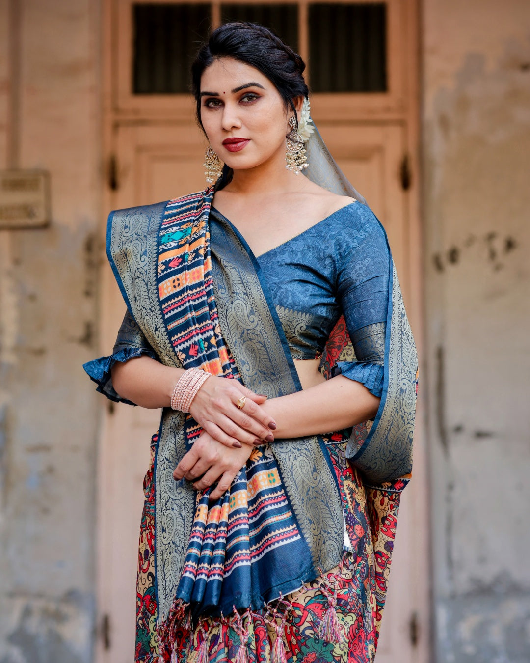 Multicolor Tussar Silk Saree with Kalamkari Print, Navy Blue Zari Border, Printed Pallu & Tassels