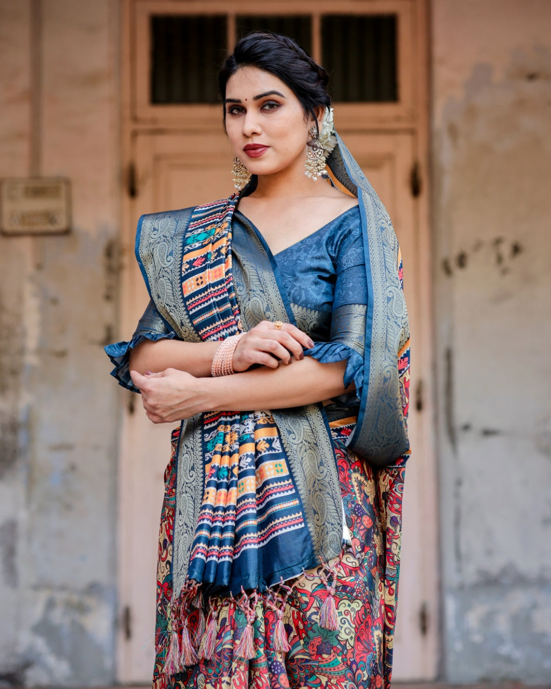 Multicolor Tussar Silk Saree with Kalamkari Print, Navy Blue Zari Border, Printed Pallu & Tassels