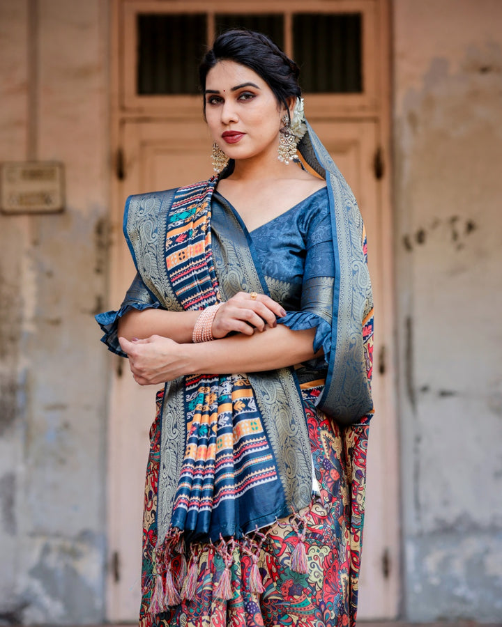 Multicolor Tussar Silk Saree with Kalamkari Print, Navy Blue Zari Border, Printed Pallu & Tassels