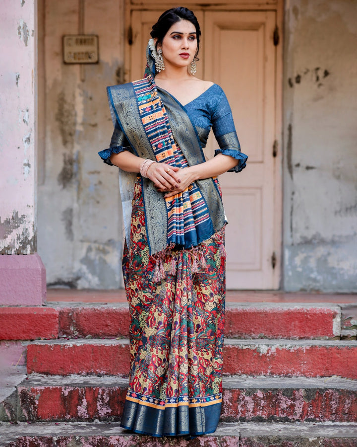 Multicolor Tussar Silk Saree with Kalamkari Print, Navy Blue Zari Border, Printed Pallu & Tassels