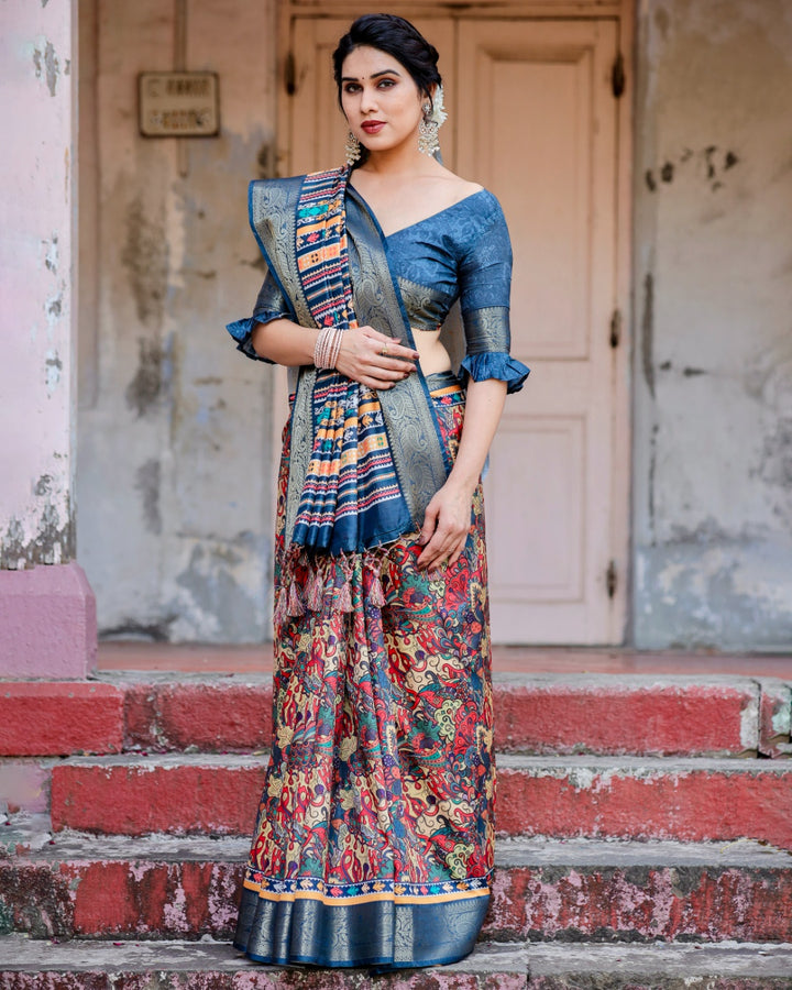 Multicolor Tussar Silk Saree with Kalamkari Print, Navy Blue Zari Border, Printed Pallu & Tassels