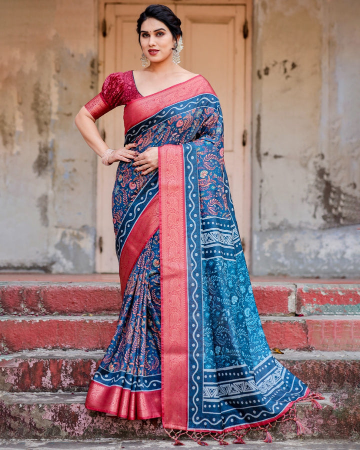 Navy Blue Tussar Silk Saree with Floral Print, Coral Pink Zari Border, Statement Pallu & Tassels