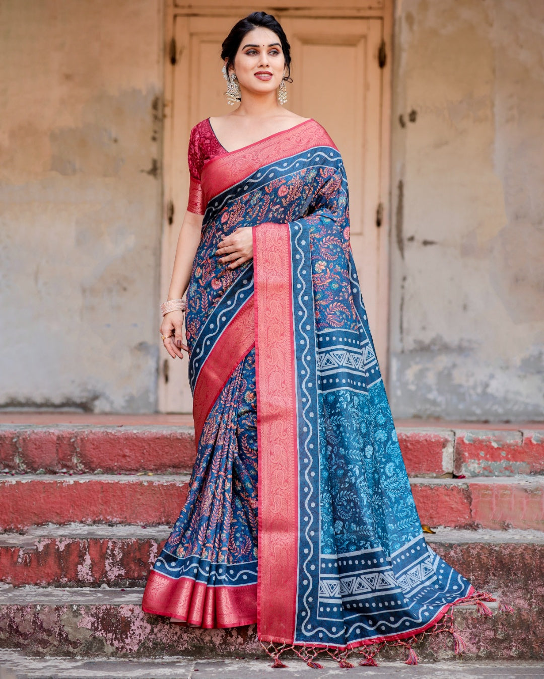 Navy Blue Tussar Silk Saree with Floral Print, Coral Pink Zari Border, Statement Pallu & Tassels