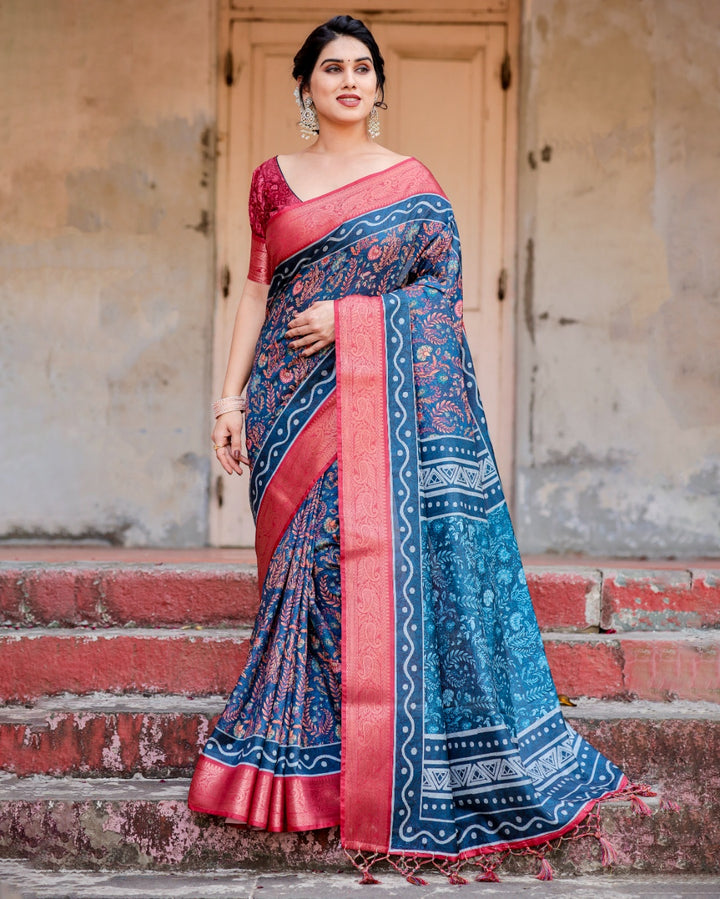 Navy Blue Tussar Silk Saree with Floral Print, Coral Pink Zari Border, Statement Pallu & Tassels