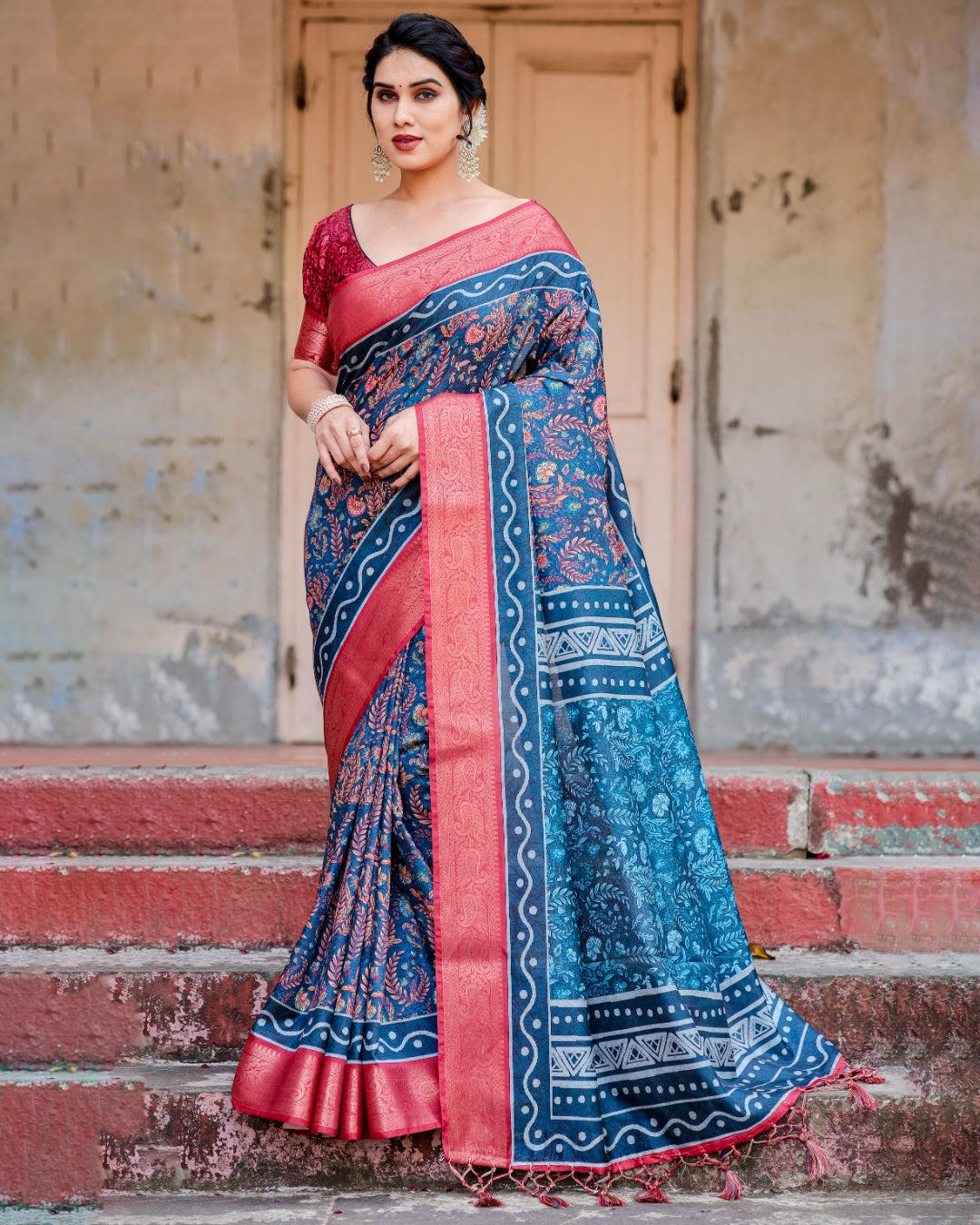 Navy Blue Tussar Silk Saree with Floral Print, Coral Pink Zari Border, Statement Pallu & Tassels