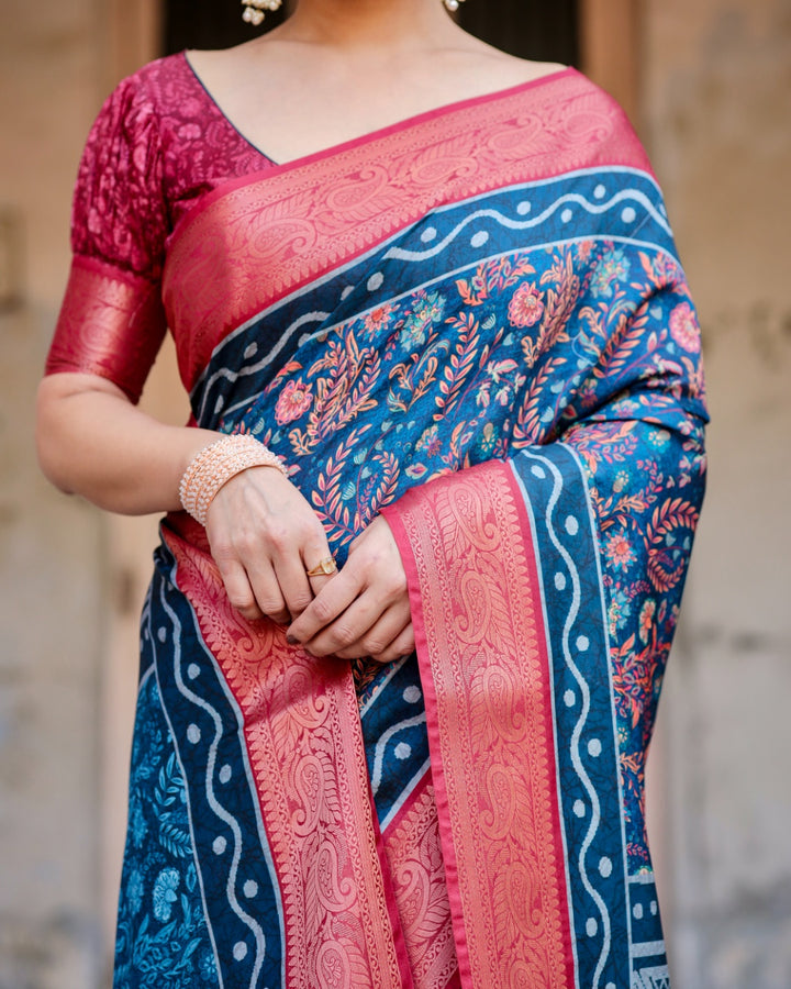 Navy Blue Tussar Silk Saree with Floral Print, Coral Pink Zari Border, Statement Pallu & Tassels