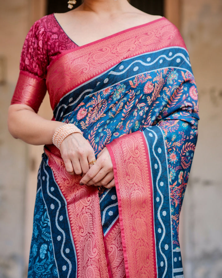 Navy Blue Tussar Silk Saree with Floral Print, Coral Pink Zari Border, Statement Pallu & Tassels