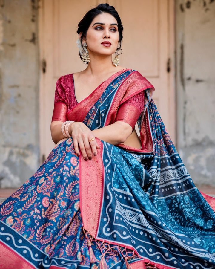 Navy Blue Tussar Silk Saree with Floral Print, Coral Pink Zari Border, Statement Pallu & Tassels