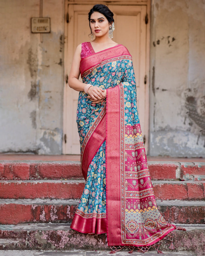 Teal Blue Tussar Silk Saree with Floral Print, Rani Pink Zari Border, Designer Pallu & Tassels