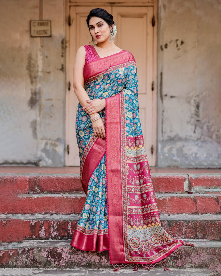 Teal Blue Tussar Silk Saree with Floral Print, Rani Pink Zari Border, Designer Pallu & Tassels