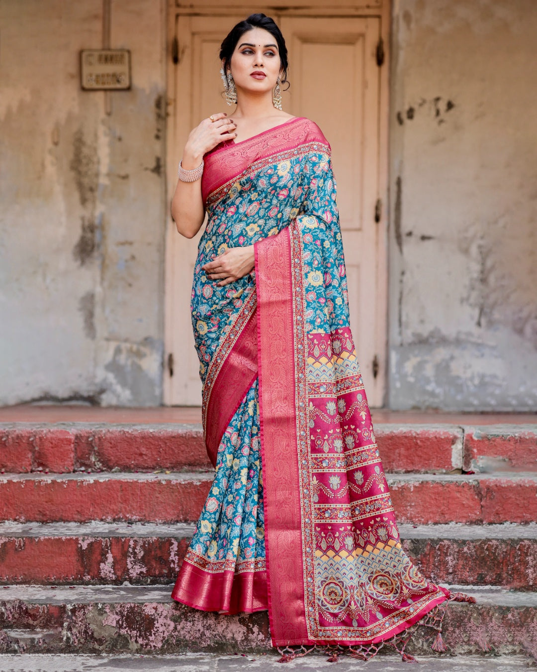Teal Blue Tussar Silk Saree with Floral Print, Rani Pink Zari Border, Designer Pallu & Tassels