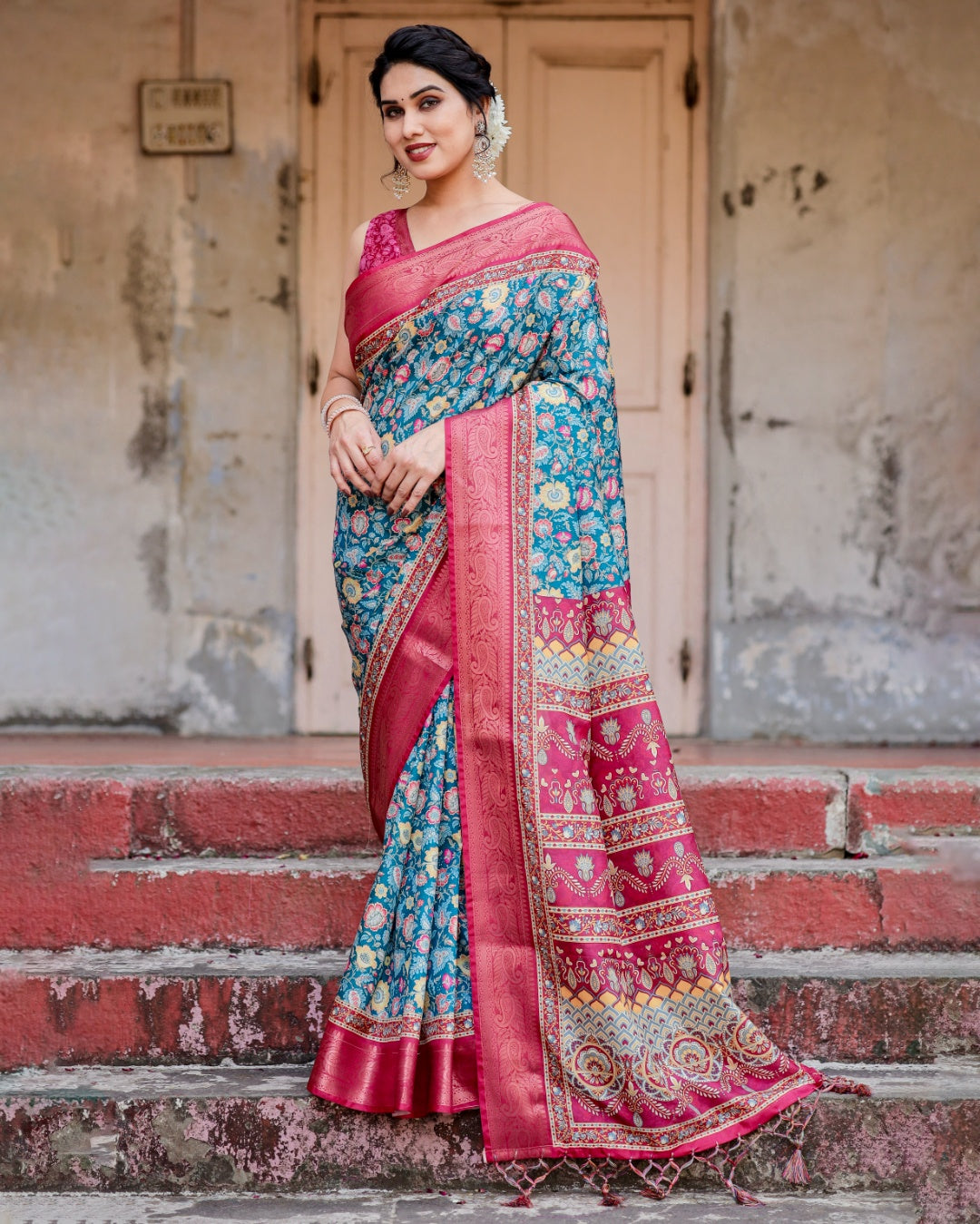 Teal Blue Tussar Silk Saree with Floral Print, Rani Pink Zari Border, Designer Pallu & Tassels