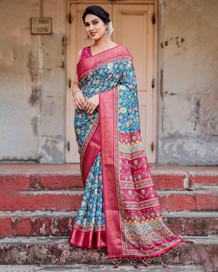 Teal Blue Tussar Silk Saree with Floral Print, Rani Pink Zari Border, Designer Pallu & Tassels