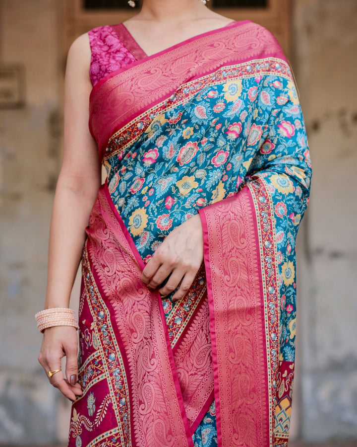 Teal Blue Tussar Silk Saree with Floral Print, Rani Pink Zari Border, Designer Pallu & Tassels