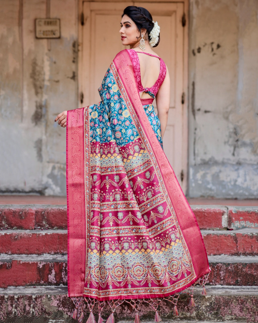 Teal Blue Tussar Silk Saree with Floral Print, Rani Pink Zari Border, Designer Pallu & Tassels