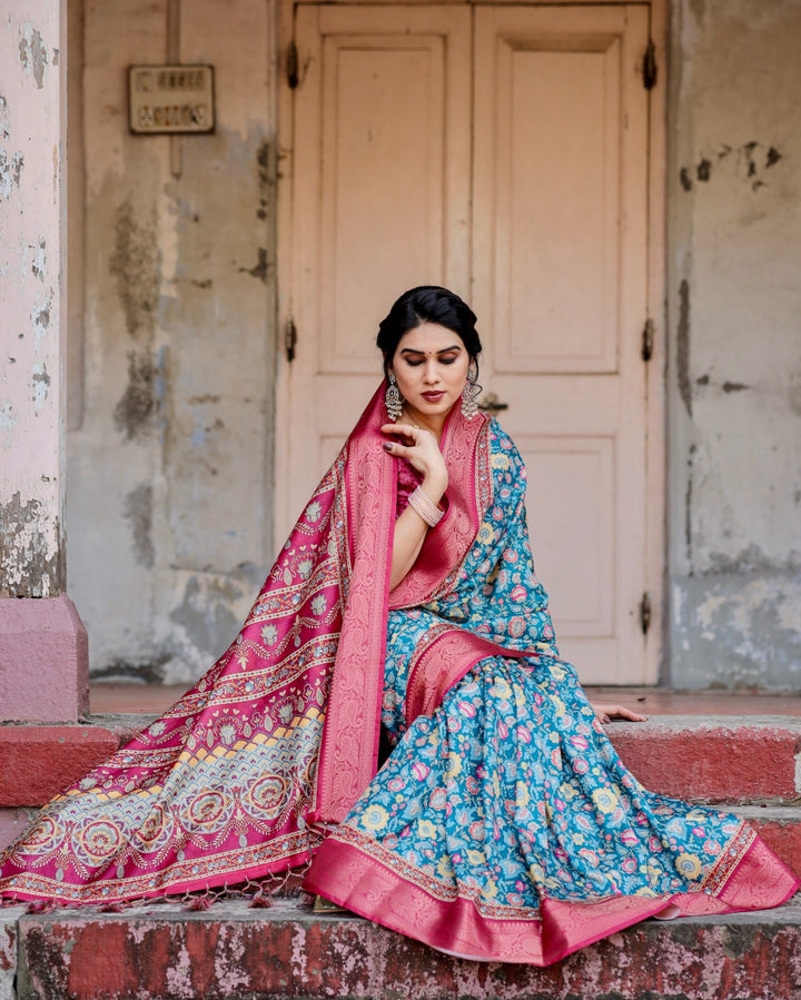 Teal Blue Tussar Silk Saree with Floral Print, Rani Pink Zari Border, Designer Pallu & Tassels