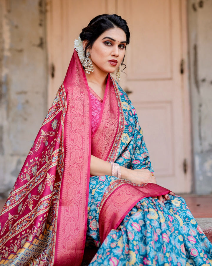Teal Blue Tussar Silk Saree with Floral Print, Rani Pink Zari Border, Designer Pallu & Tassels