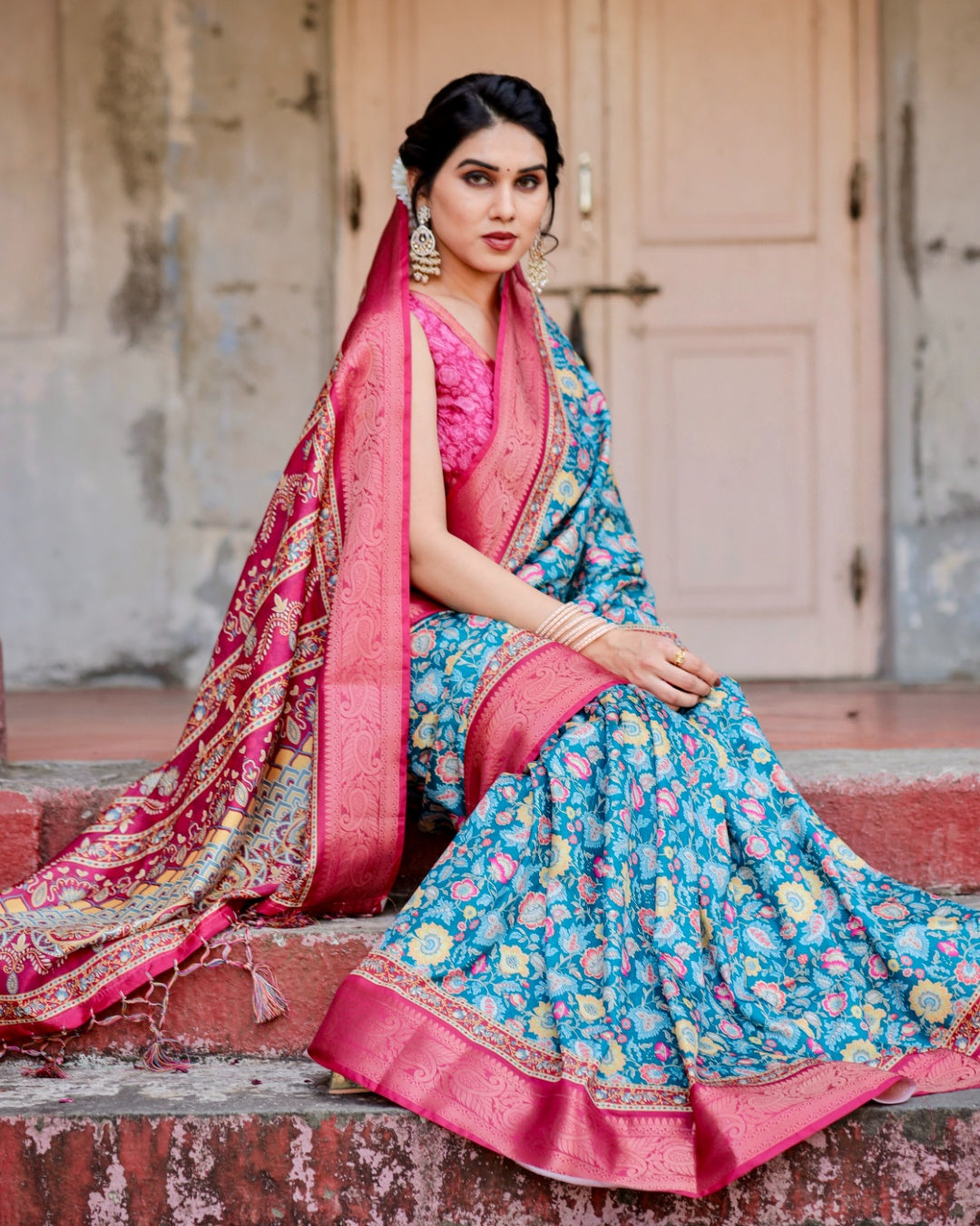 Teal Blue Tussar Silk Saree with Floral Print, Rani Pink Zari Border, Designer Pallu & Tassels