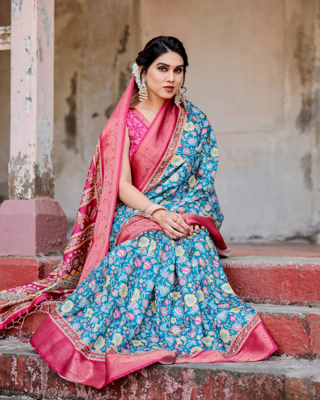 Teal Blue Tussar Silk Saree with Floral Print, Rani Pink Zari Border, Designer Pallu & Tassels