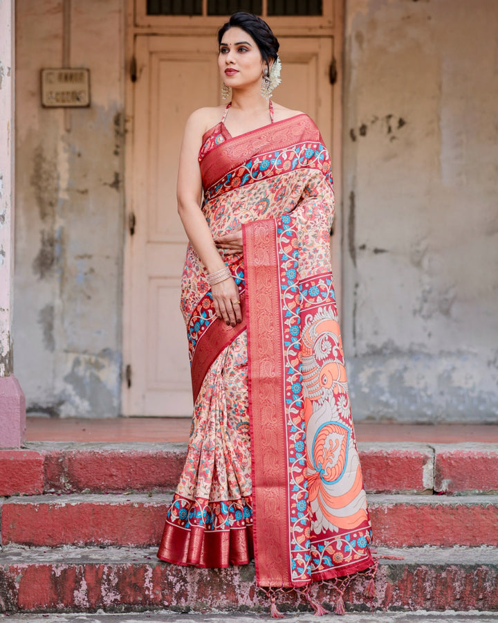 Ivory Tussar Silk Saree with Floral Print, Coral Red Zari Border, Peacock Pallu & Tassels
