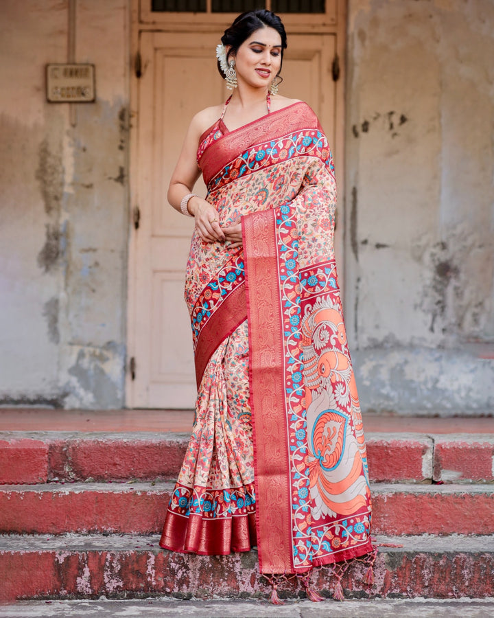 Ivory Tussar Silk Saree with Floral Print, Coral Red Zari Border, Peacock Pallu & Tassels