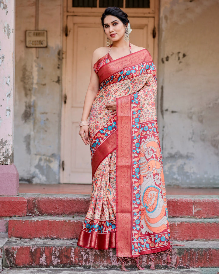 Ivory Tussar Silk Saree with Floral Print, Coral Red Zari Border, Peacock Pallu & Tassels