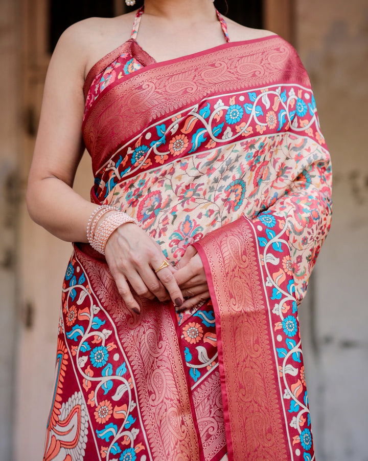 Ivory Tussar Silk Saree with Floral Print, Coral Red Zari Border, Peacock Pallu & Tassels