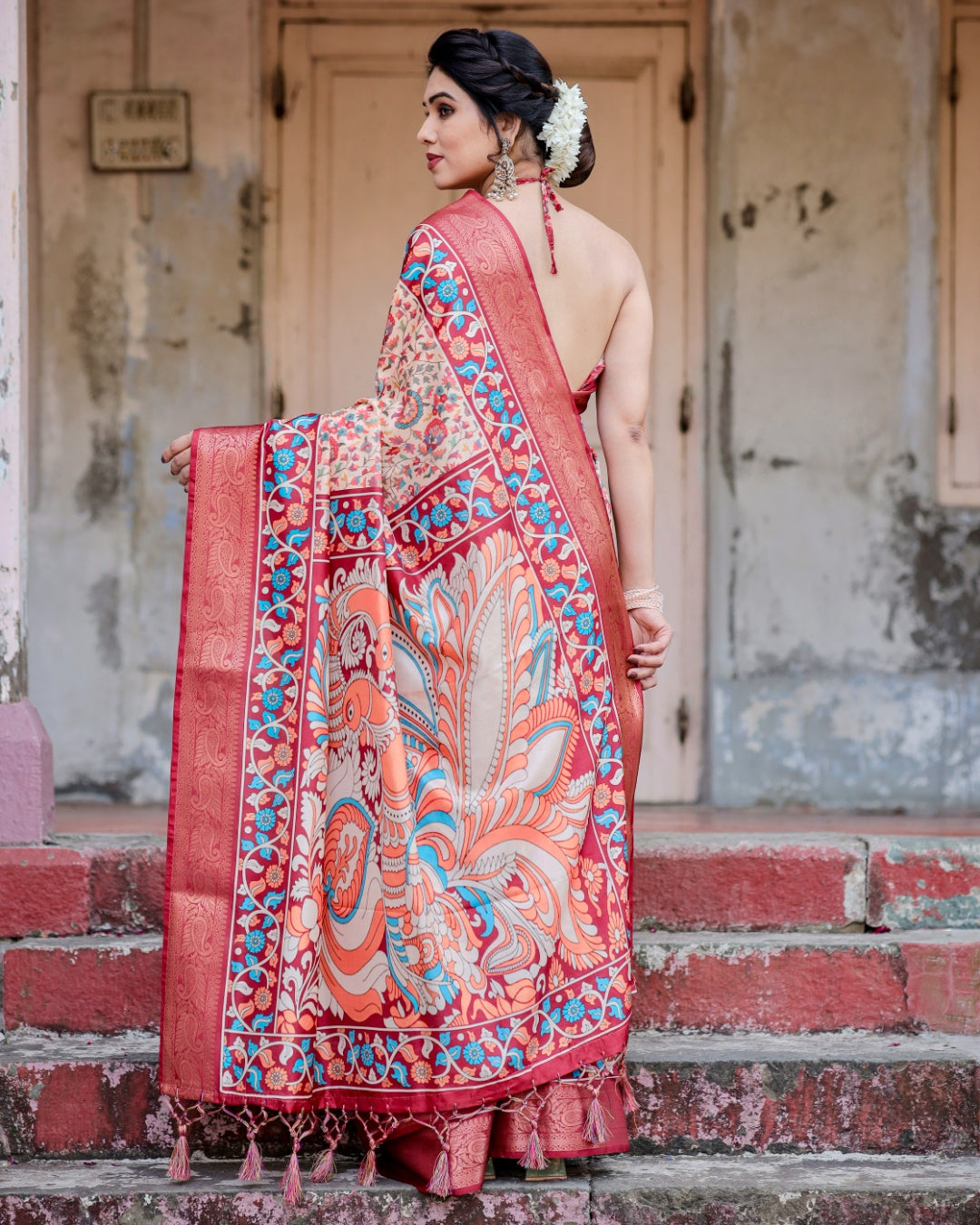 Ivory Tussar Silk Saree with Floral Print, Coral Red Zari Border, Peacock Pallu & Tassels