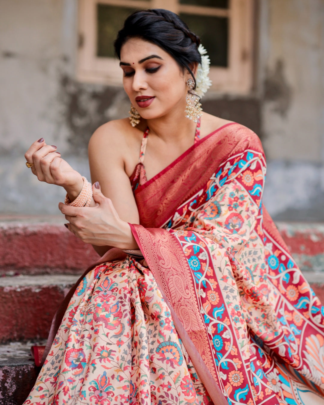 Ivory Tussar Silk Saree with Floral Print, Coral Red Zari Border, Peacock Pallu & Tassels
