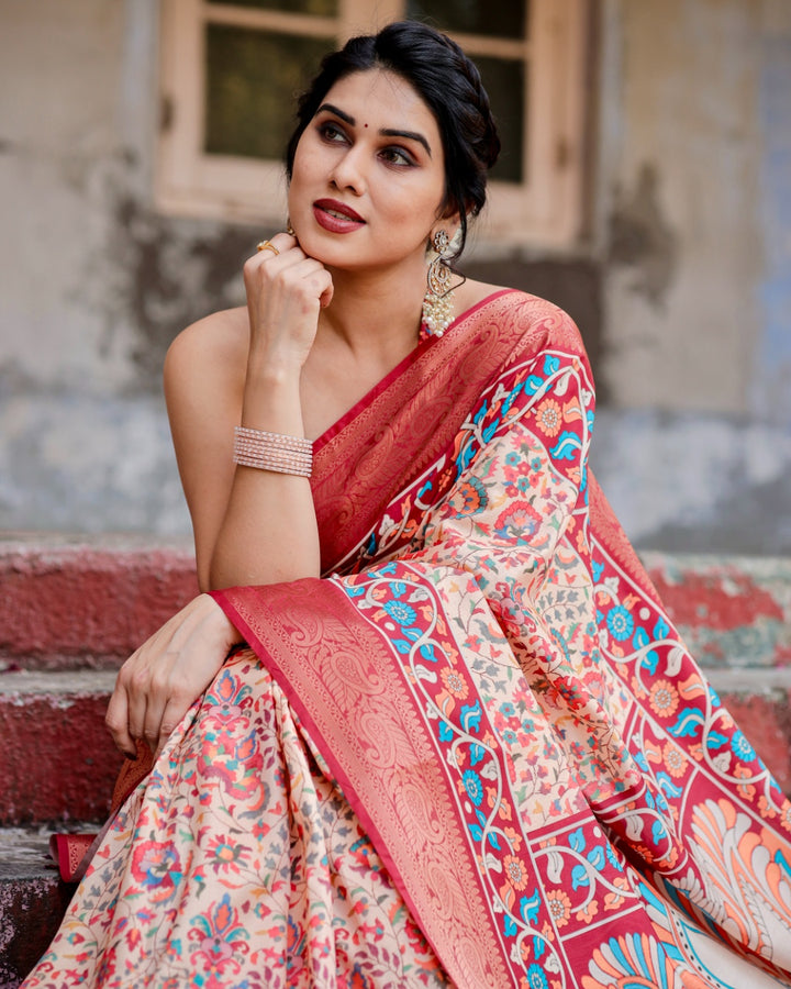 Ivory Tussar Silk Saree with Floral Print, Coral Red Zari Border, Peacock Pallu & Tassels