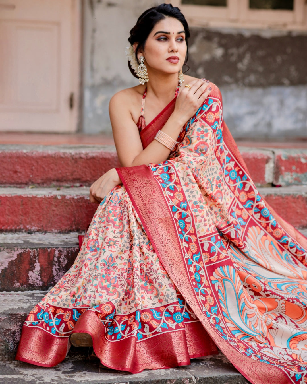 Ivory Tussar Silk Saree with Floral Print, Coral Red Zari Border, Peacock Pallu & Tassels