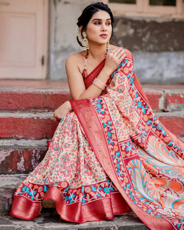 Ivory Tussar Silk Saree with Floral Print, Coral Red Zari Border, Peacock Pallu & Tassels