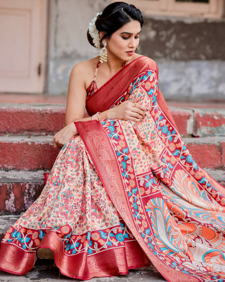 Ivory Tussar Silk Saree with Floral Print, Coral Red Zari Border, Peacock Pallu & Tassels