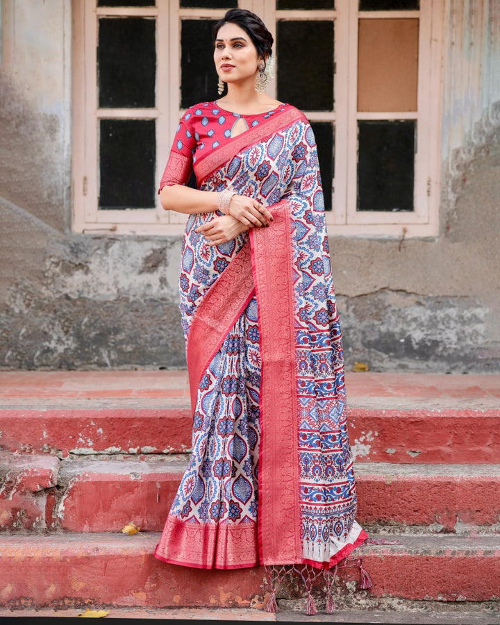 Ivory & Coral Pink Tussar Silk Saree with Ajrakh-Inspired Print, Zari Border & Tassels
