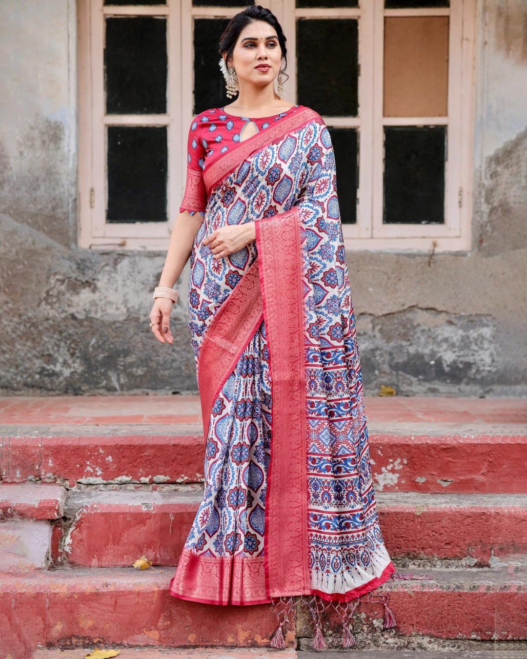 Ivory & Coral Pink Tussar Silk Saree with Ajrakh-Inspired Print, Zari Border & Tassels