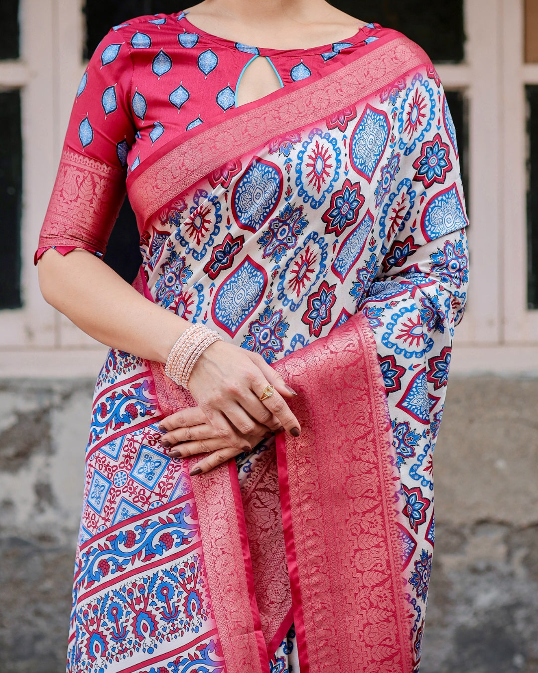 Ivory & Coral Pink Tussar Silk Saree with Ajrakh-Inspired Print, Zari Border & Tassels