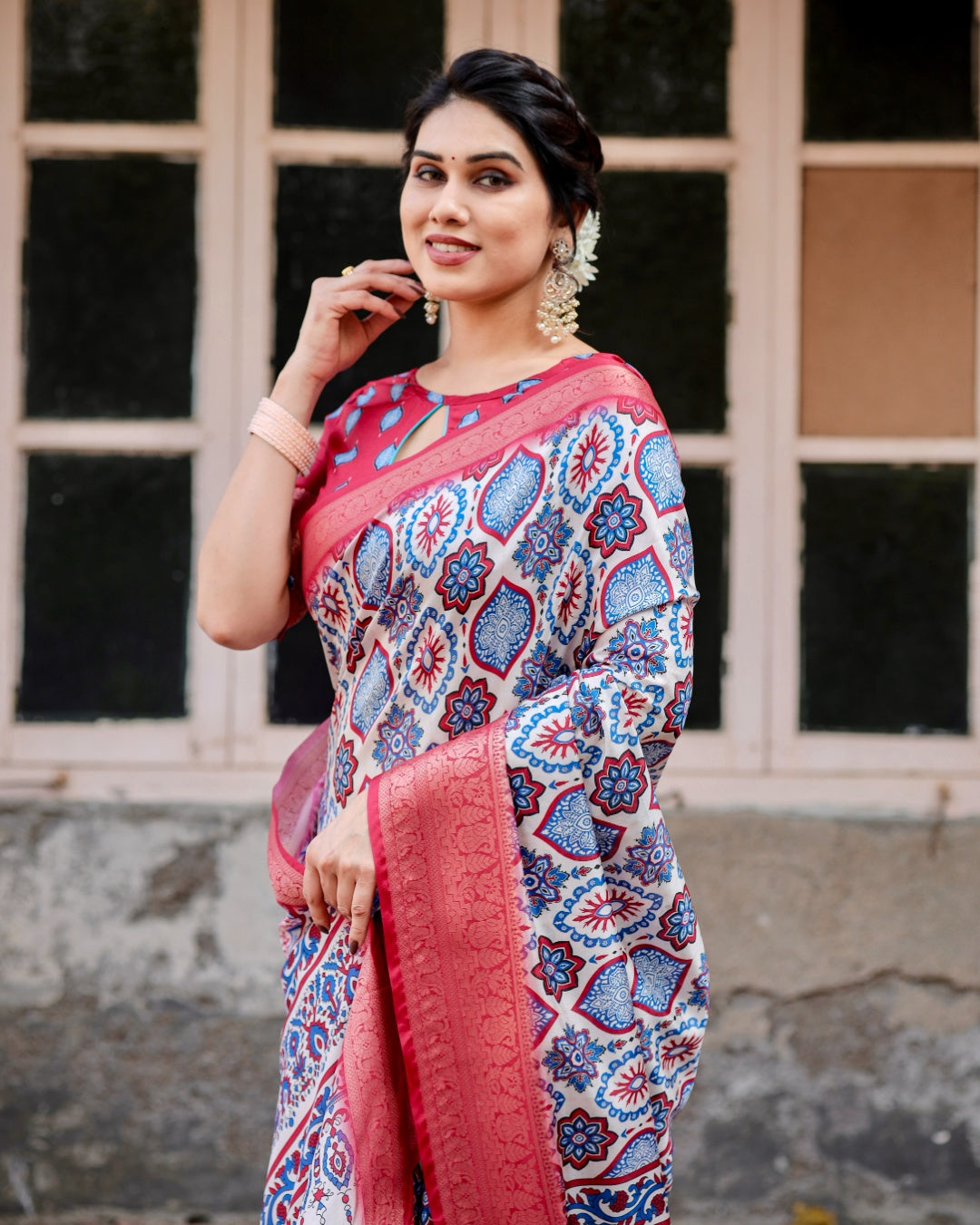 Ivory & Coral Pink Tussar Silk Saree with Ajrakh-Inspired Print, Zari Border & Tassels